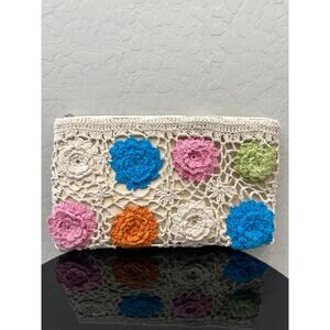 STRADIVARIUS Crochet Floral Clutch Cream Multicolor Boho Zip Pouch Festival Bag